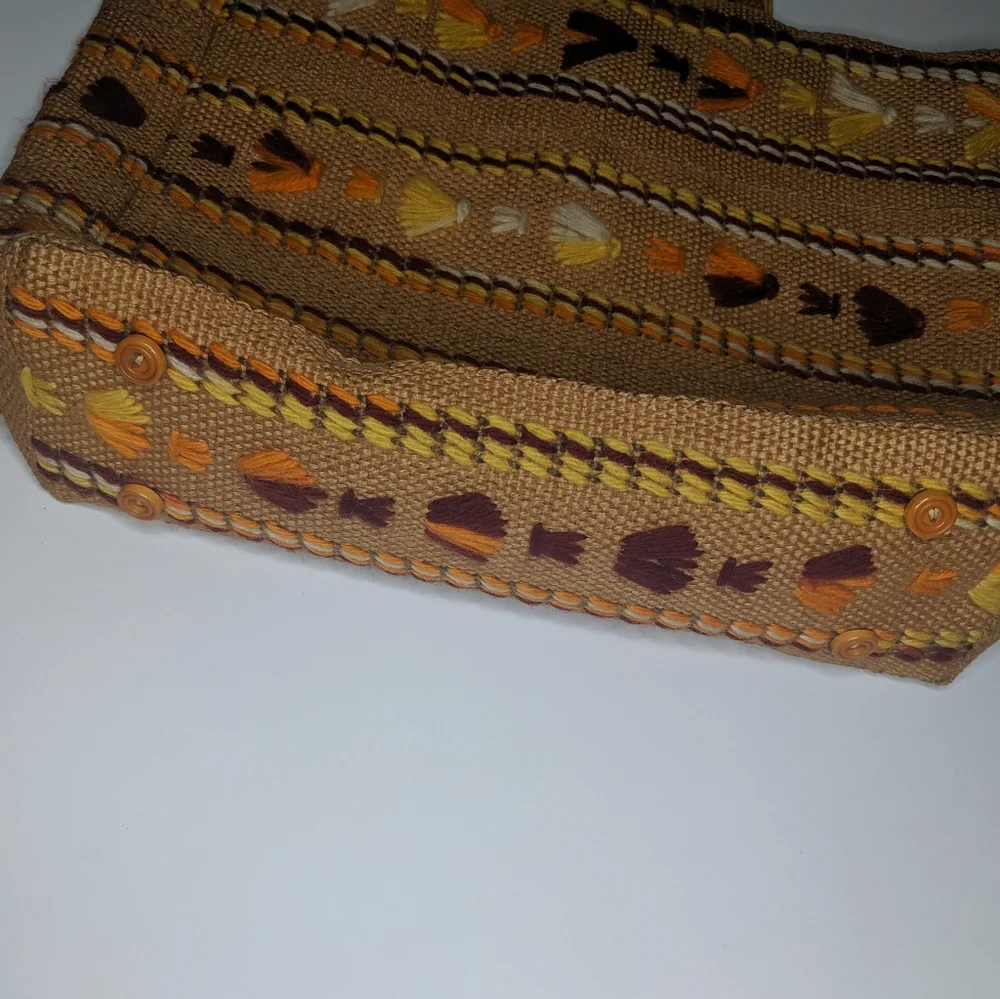 VINTAGE Handmade Boho Embroidered Burlap Tote - Picture 9 of 11